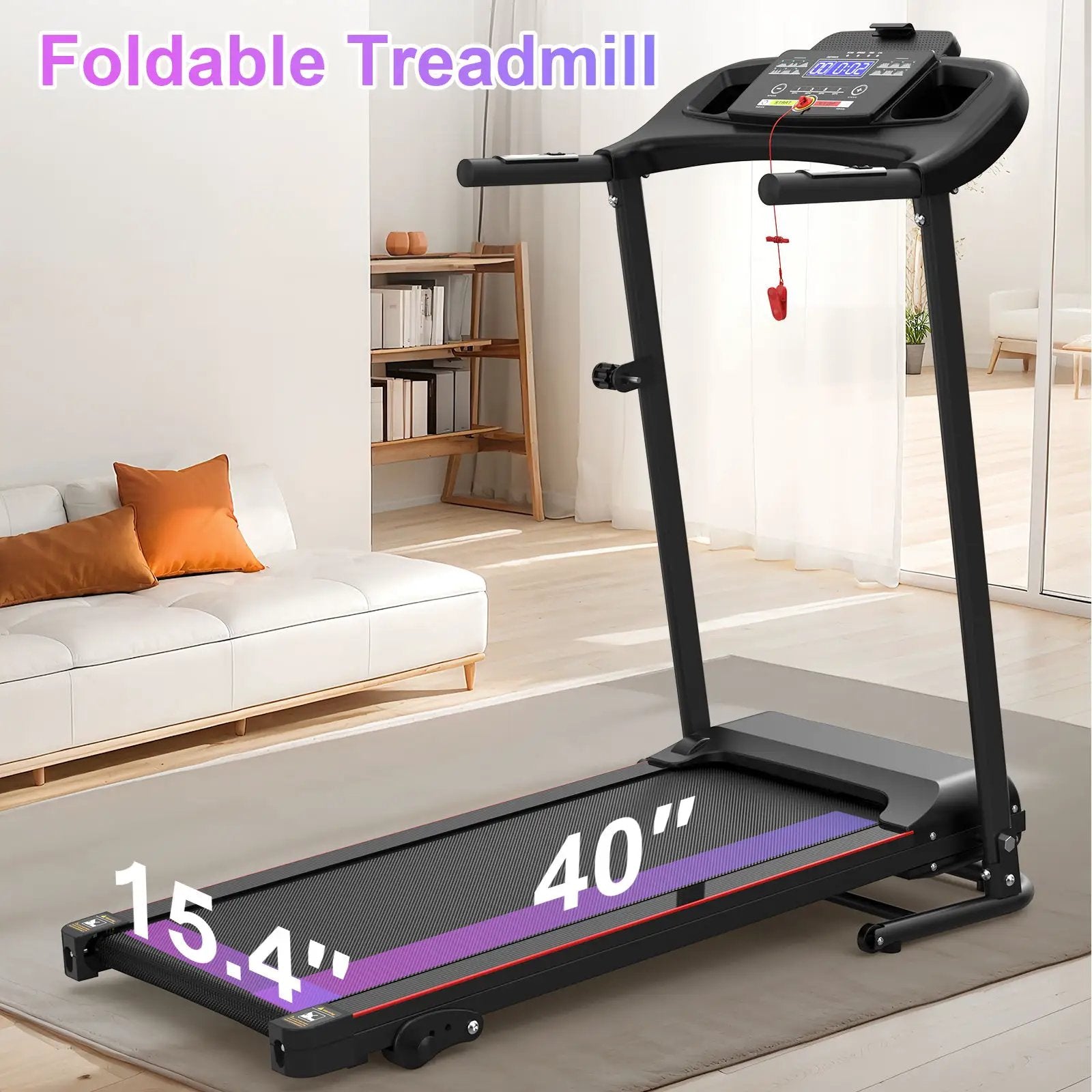Foldable Electric Treadmill With 2.5Hp Motor, 12Km / H Speed, 3 Incline Levelstooth Music, Heart Rate Sensor, Spacious Running Belt For Indoor - Black by HouseOfZazla