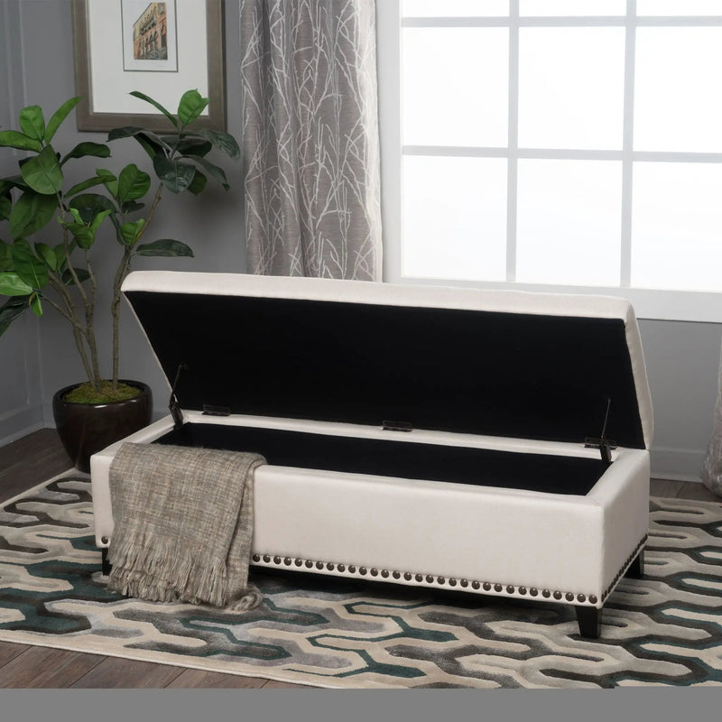 Upholstered Storage Ottoman With Nailhead Trim - Beige by HouseOfZazla