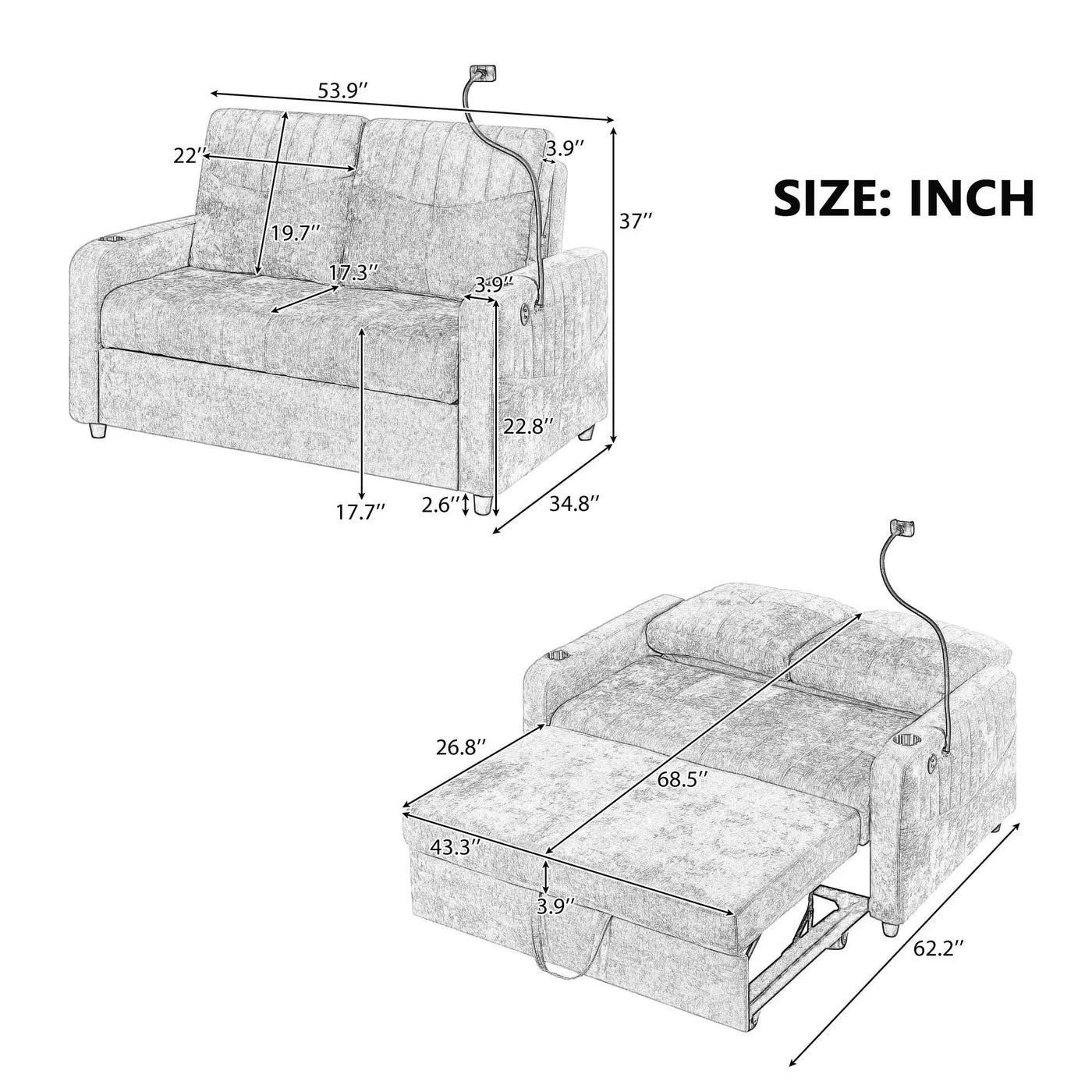 Modern Loveseat Pull Out Sofa Bed With Adjustable Backrest, Two Cup Holders, A Phone Holder, Three Charging Ports And Side Storage Pockets For Living Room by Unique Piece Furniture