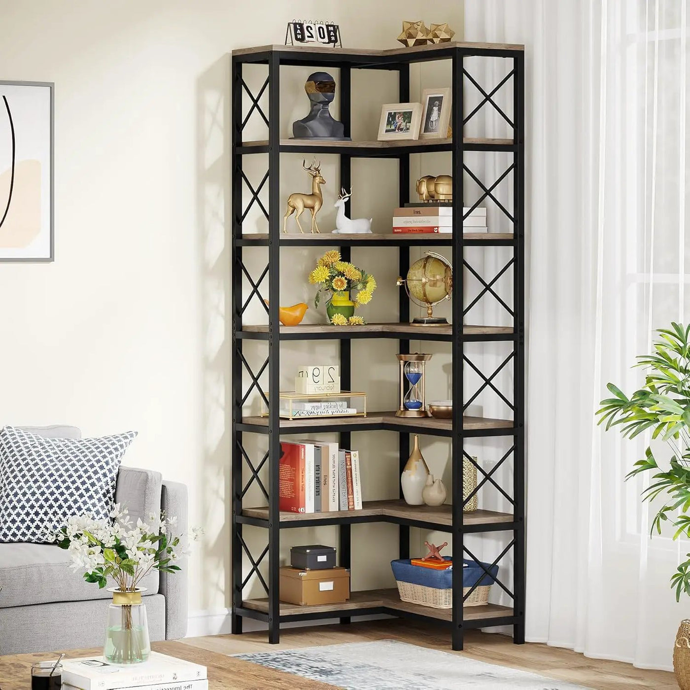 7 Tier Corner Bookshelf, Storage Unit For Living Room by HouseOfZazla