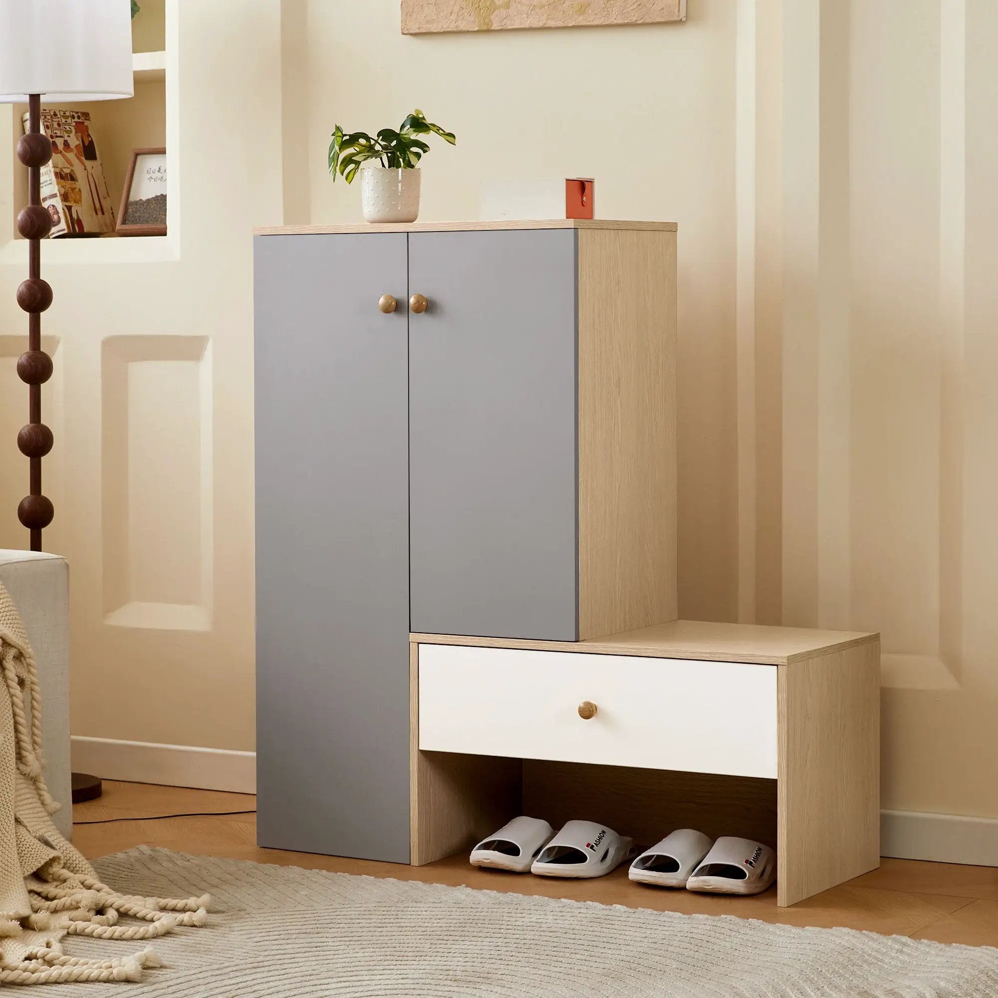 Modern Multi Functional Shoe Storage Bench & Cabinets With Adjustable Shelves - Gray / Natural Wood / White by Unique Piece Furniture