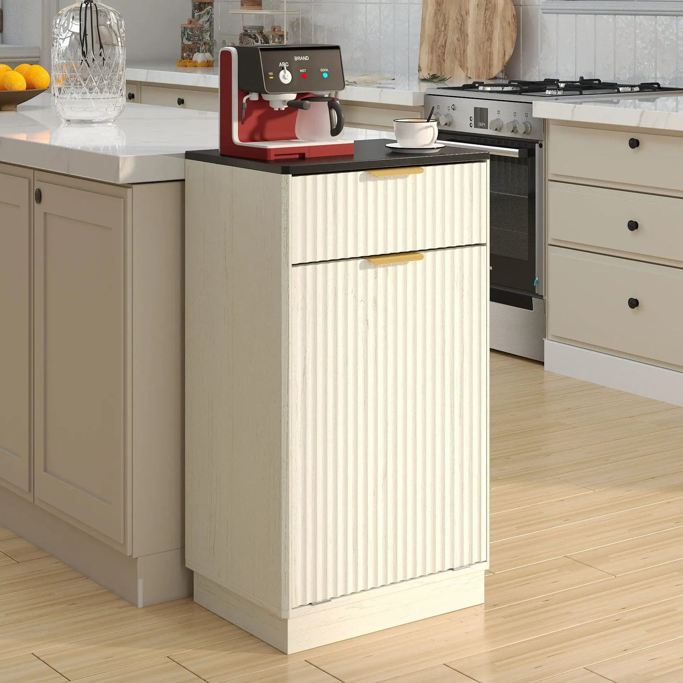 Tilt Out Trash Can Cabinet With Wave Textured Drawer & Pull Out Bin by Unique Piece Furniture
