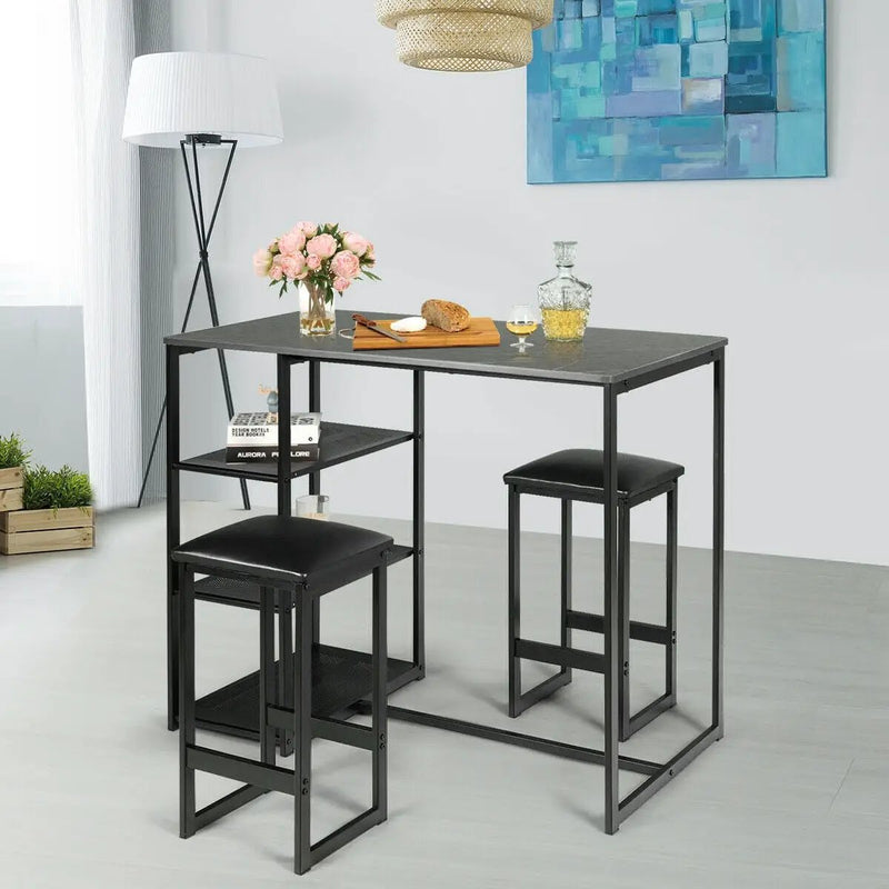3 pcs Dining Set with Faux Marble Top Table and 2 Stools-Black by DirectDeals