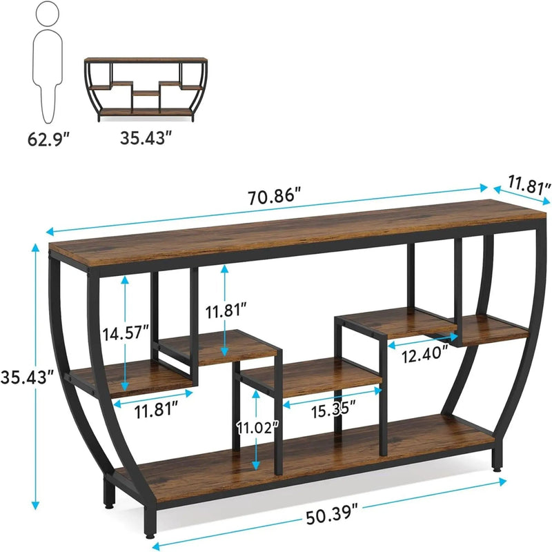 Extra Long Entryway Console Sofa Table With 7 Tier Shelves - Brown / Black by HouseOfZazla
