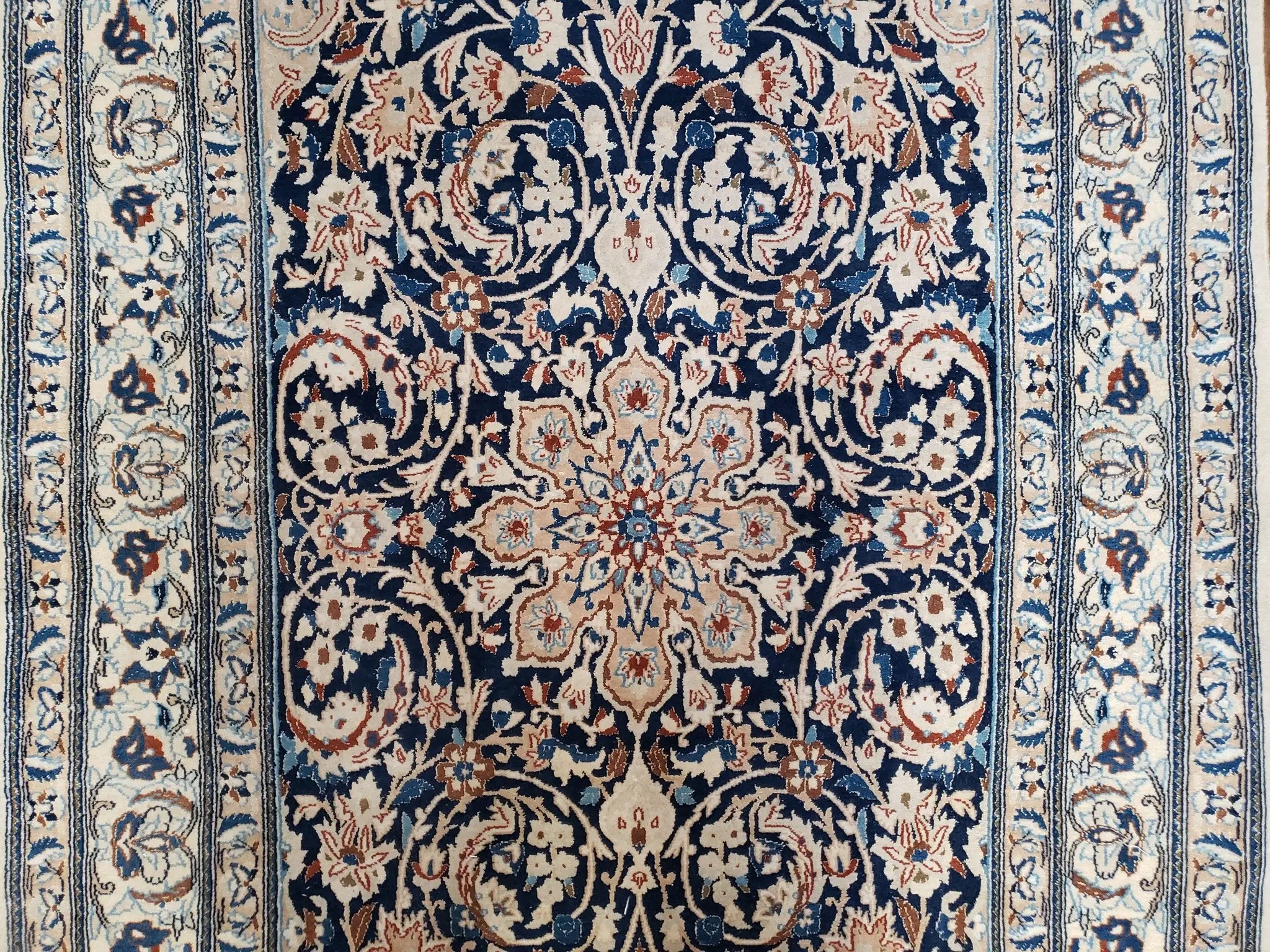 Persian Nain Rug 4x6, Ivory and Blue, Hand-Knotted, Wool & Silk by Jewel Rugs