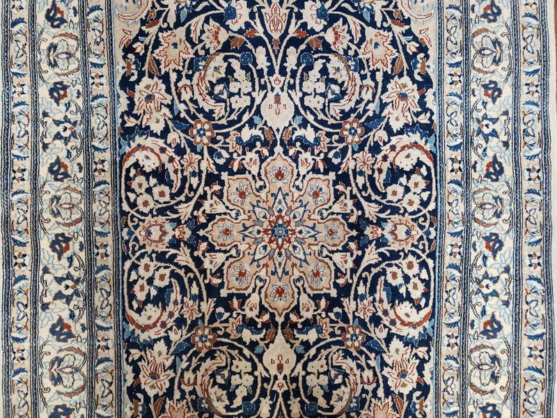 Persian Nain Rug 4x6, Ivory and Blue, Hand-Knotted, Wool & Silk by Jewel Rugs
