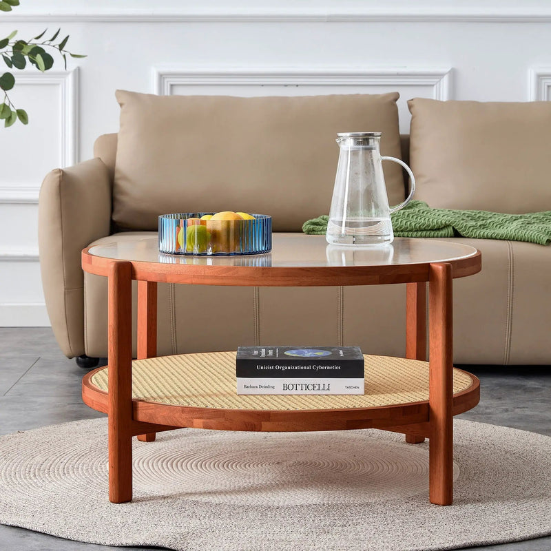Modern Style Circular Double Layer Tea Table With Rattan Weave by HouseOfZazla