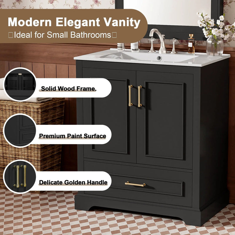 Bathroom Vanity With Sink, 1 Divided Drawer And 2 Soft Close Doors With Double Shelf