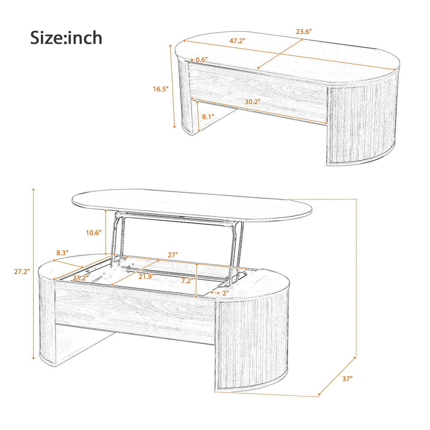 Lift Top Coffee Table With Hidden Compartment, Modern Oval Lift Tabletop For Home Living Room by Unique Piece Furniture