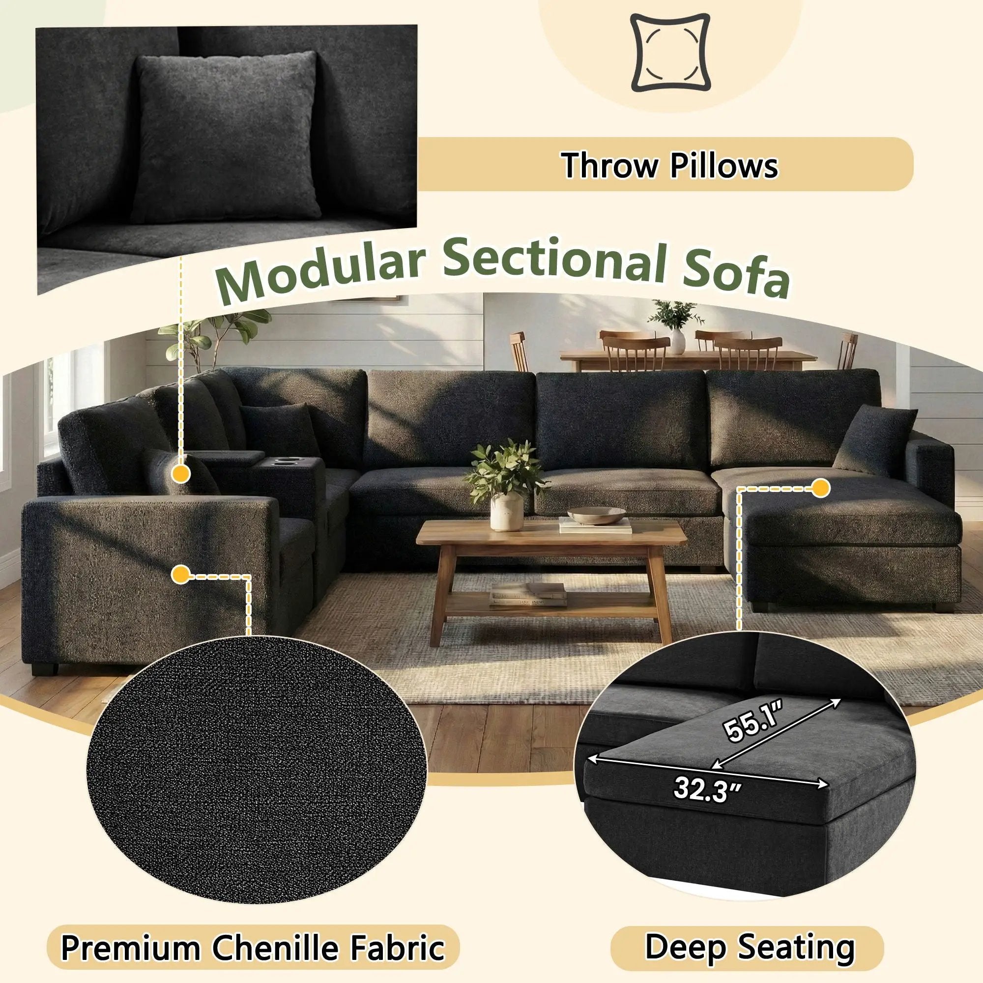 Modular 5 Seat U-Shape Sectional Sofa With Chaise Lounge, Built In Cup Holders And Storage Drawer by HouseOfZazla