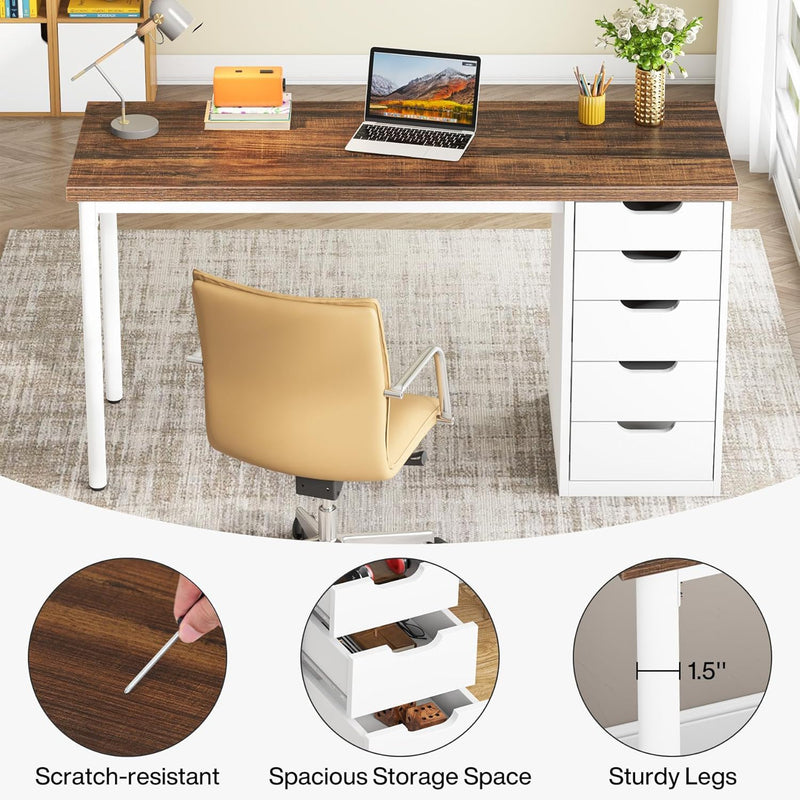 Computer Desk With 5 Drawers, Reversible Cabinet Design