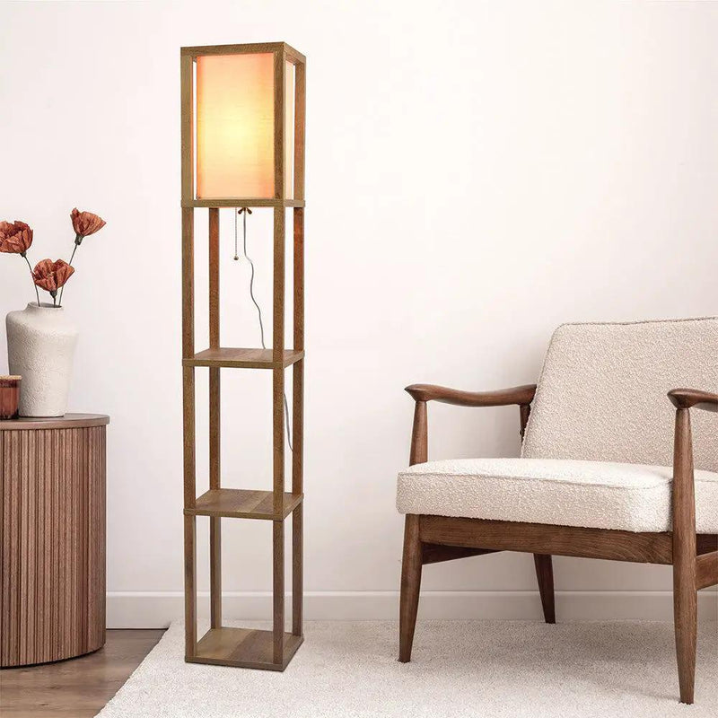 Pinnacle - Shelf Floor Lamp For Bedroom / Living Room, Long Shade - Natural Wood / White by Unique Piece Furniture