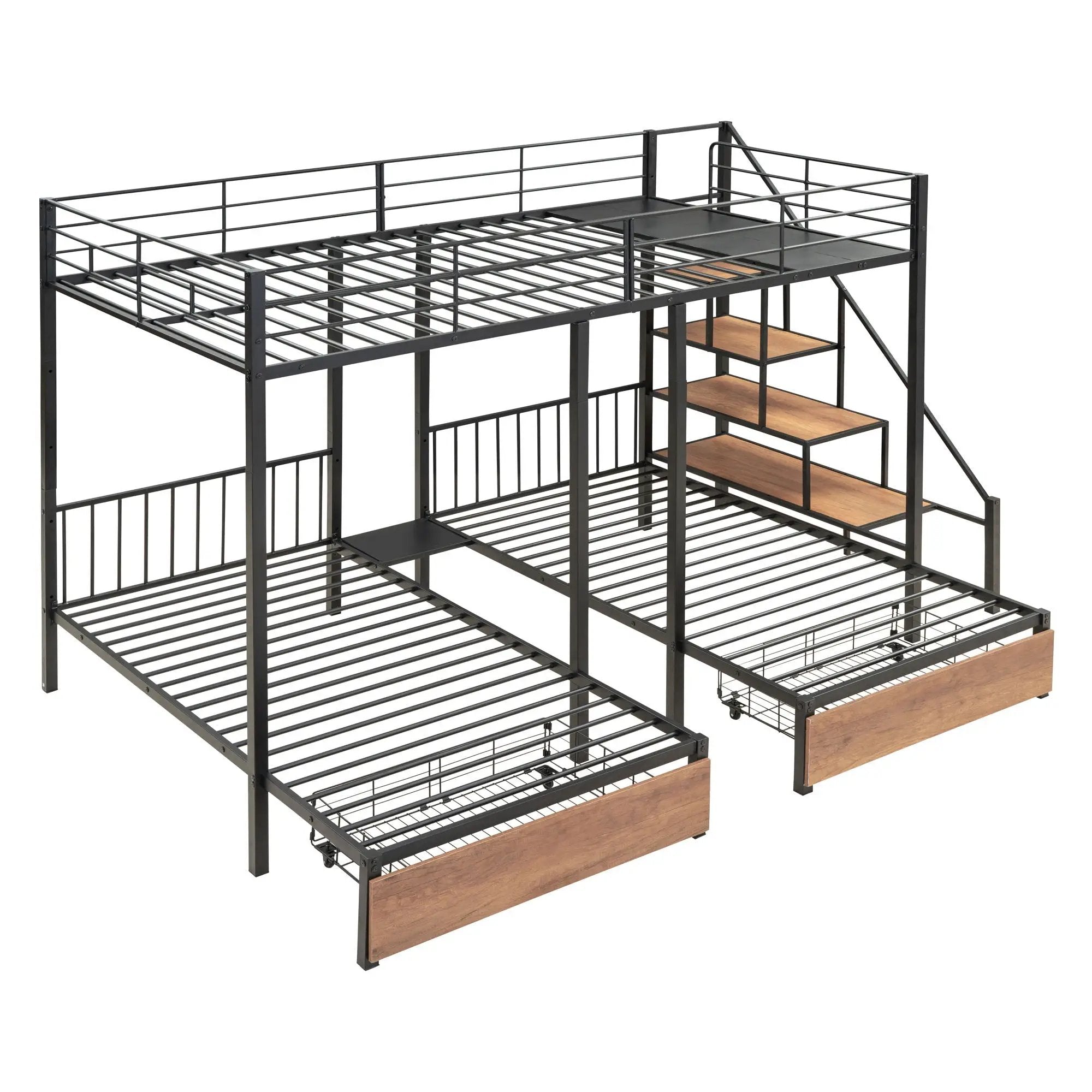 Full Over Twin-Twin Triple Bunk Bed With Drawers And Staircase - Black by HouseOfZazla