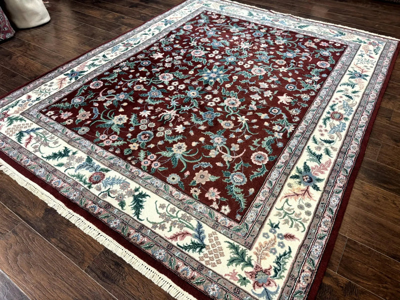 Indo Persian Rug 8x10, Red and Ivory, Floral Allover, Handmade Wool Area Rug by Jewel Rugs
