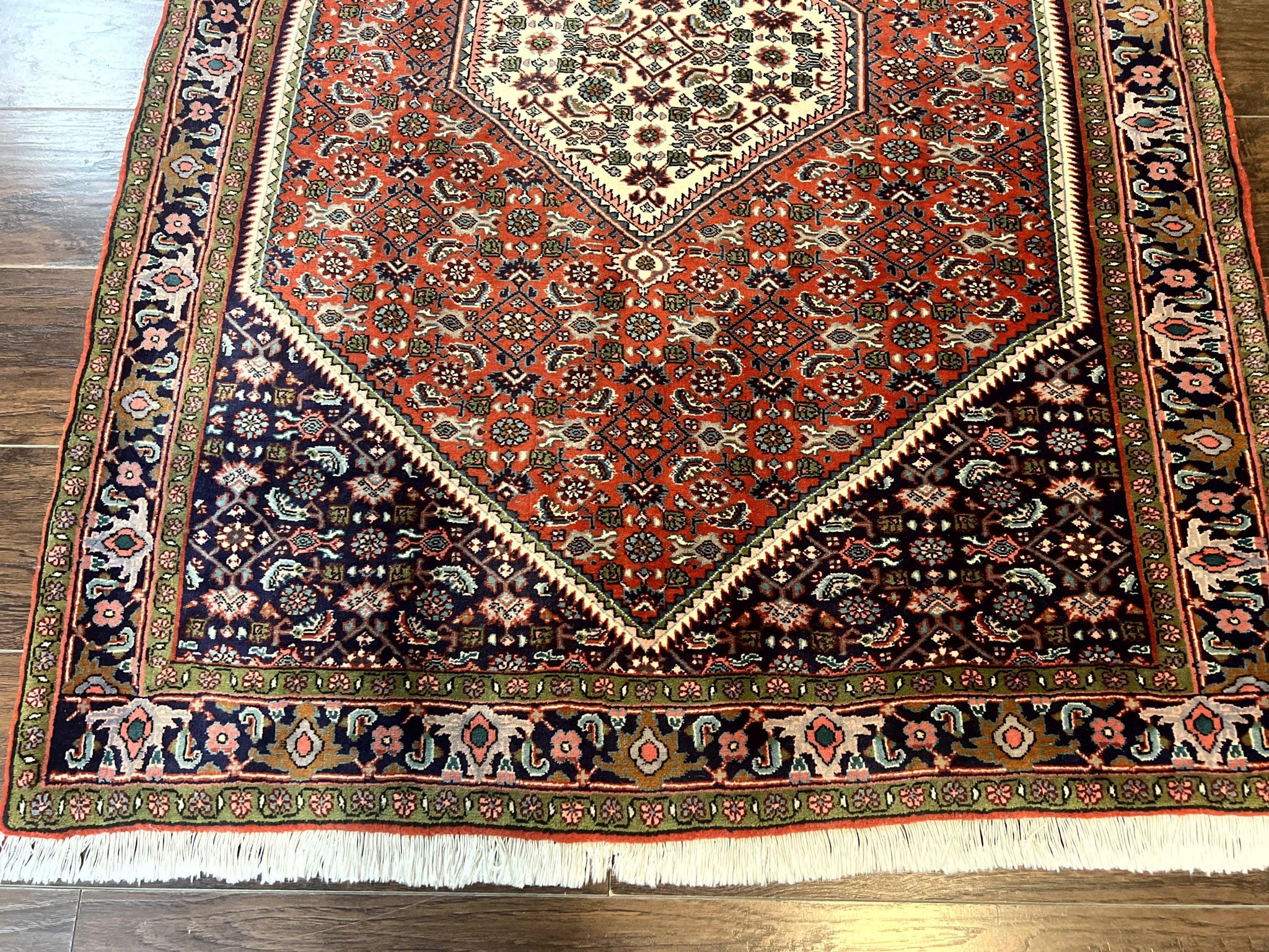 Persian Bidjar Rug 4x5, Finely Hand Knotted Vintage Carpet, Red and Navy Blue, Handmade Wool Rug, 180 KPSI by Jewel Rugs