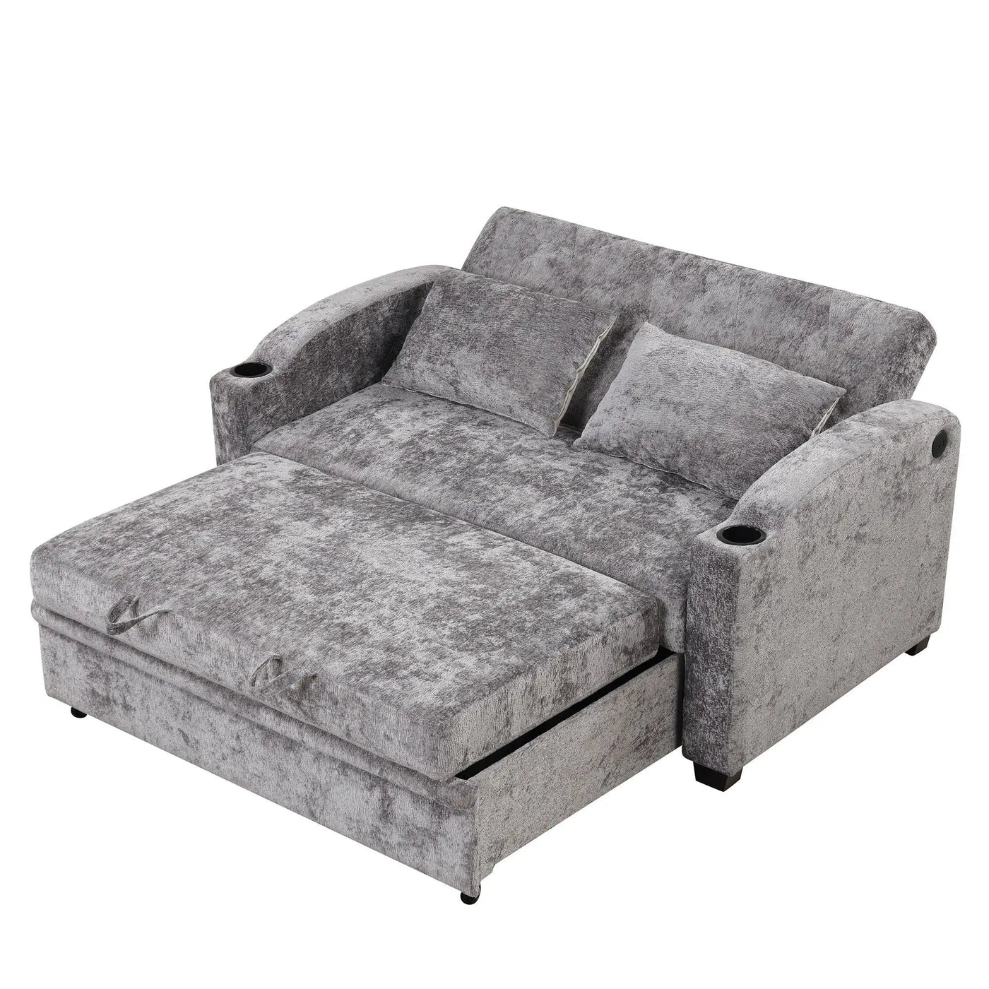 Pull Out Loveseat Sofa With Adjsutable Backrest, 2 Pillows, Cup Holders, USB Ports For Living Room by HouseOfZazla
