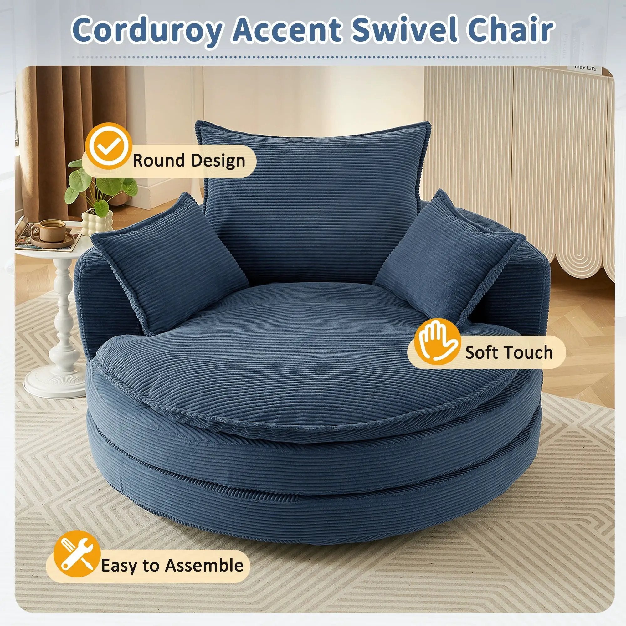 360° Swivel Accent Barrel Chair With Dual Layer Cushion And 3 Removable Pillows by Unique Piece Furniture