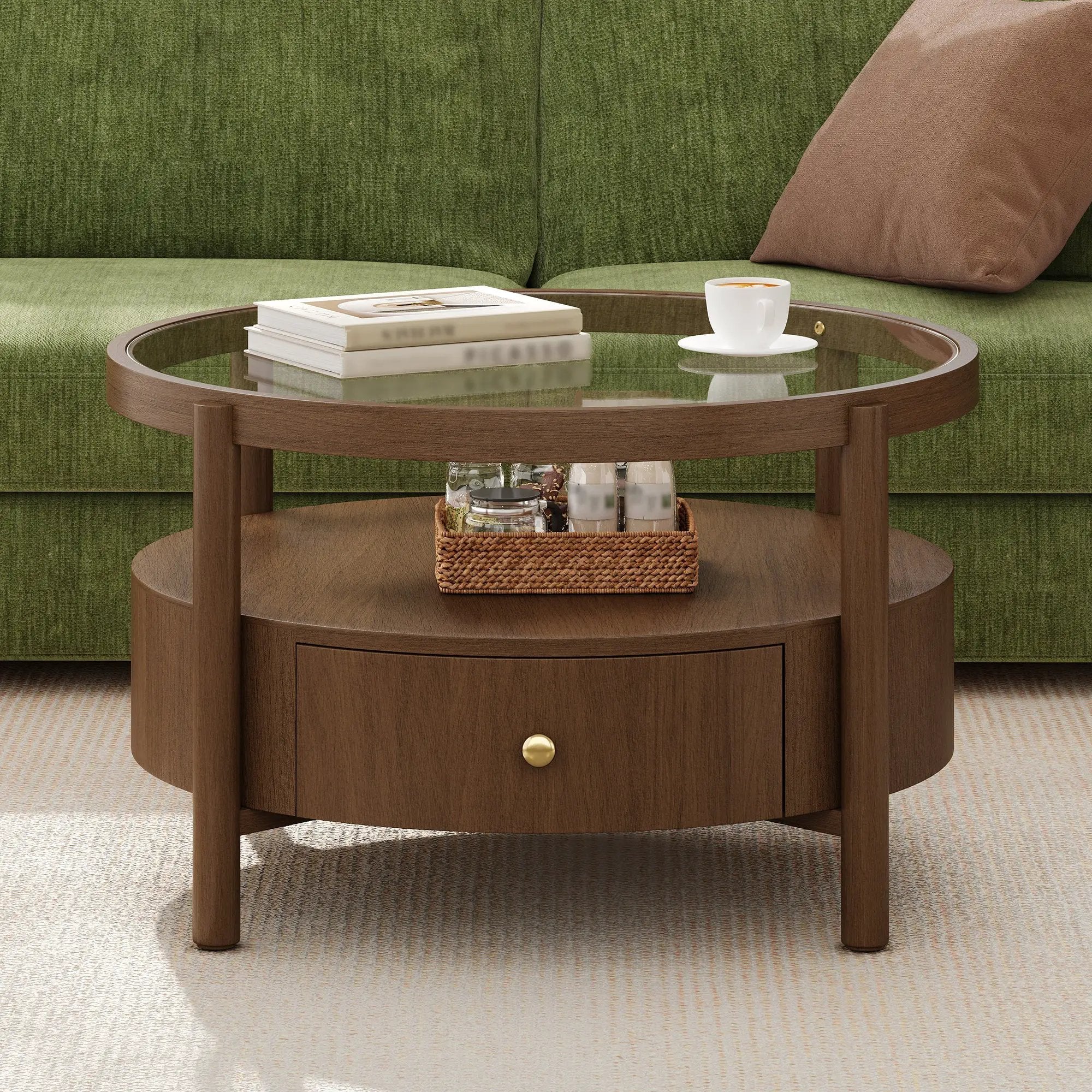 Solid Wood Round Glass Top Coffee Table with Storage Drawer by HouseOfZazla
