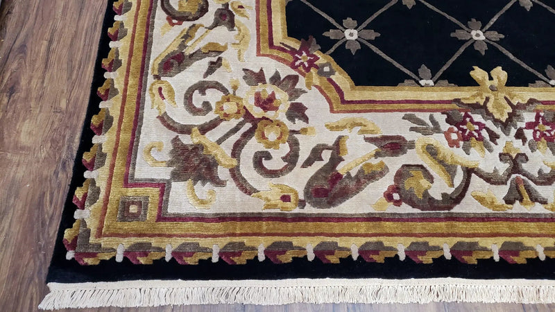 Nepal Rug 6x9, New Aubusson Nepalese Tibetan Carpet 6'1" x 8' 8", Hand-Knotted Wool, Unused, Black & Cream, Savonnerie Pattern, Soft Pile by Jewel Rugs