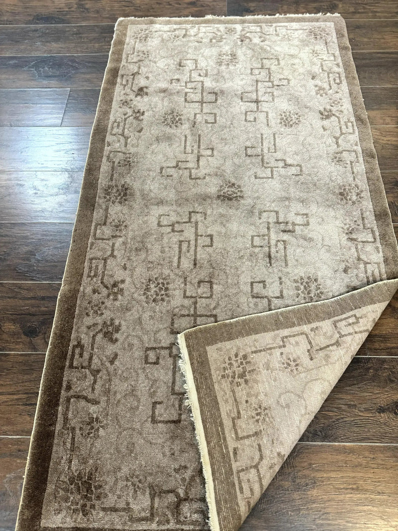 Antique Chinese Fette Rug 3x6, Taupe, Handmade Wool Chinese Carpet by Jewel Rugs