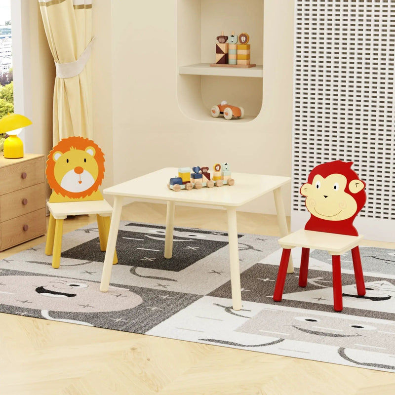 Kids Table And 2 Chairs Set, 3 Pieces Toddler Table And Chair Set, Wooden Activity Play Table Set (Lion&Monkey) - Natural by HouseOfZazla