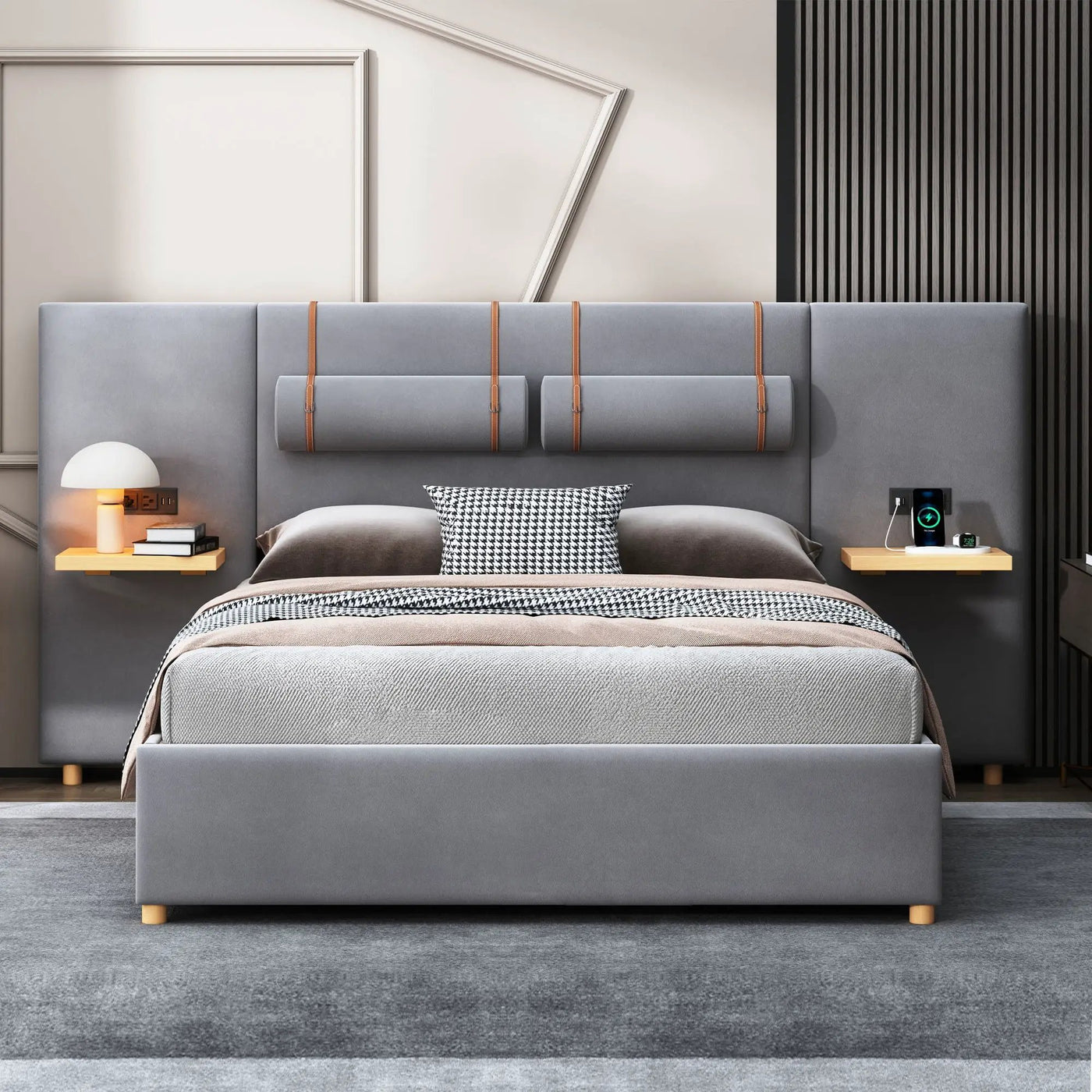 Upholstered Platform Bed, 2 Outlets And USB Charging Ports On Both Sides, 2 Bedside Pillows, Storage Shelves by Unique Piece Furniture