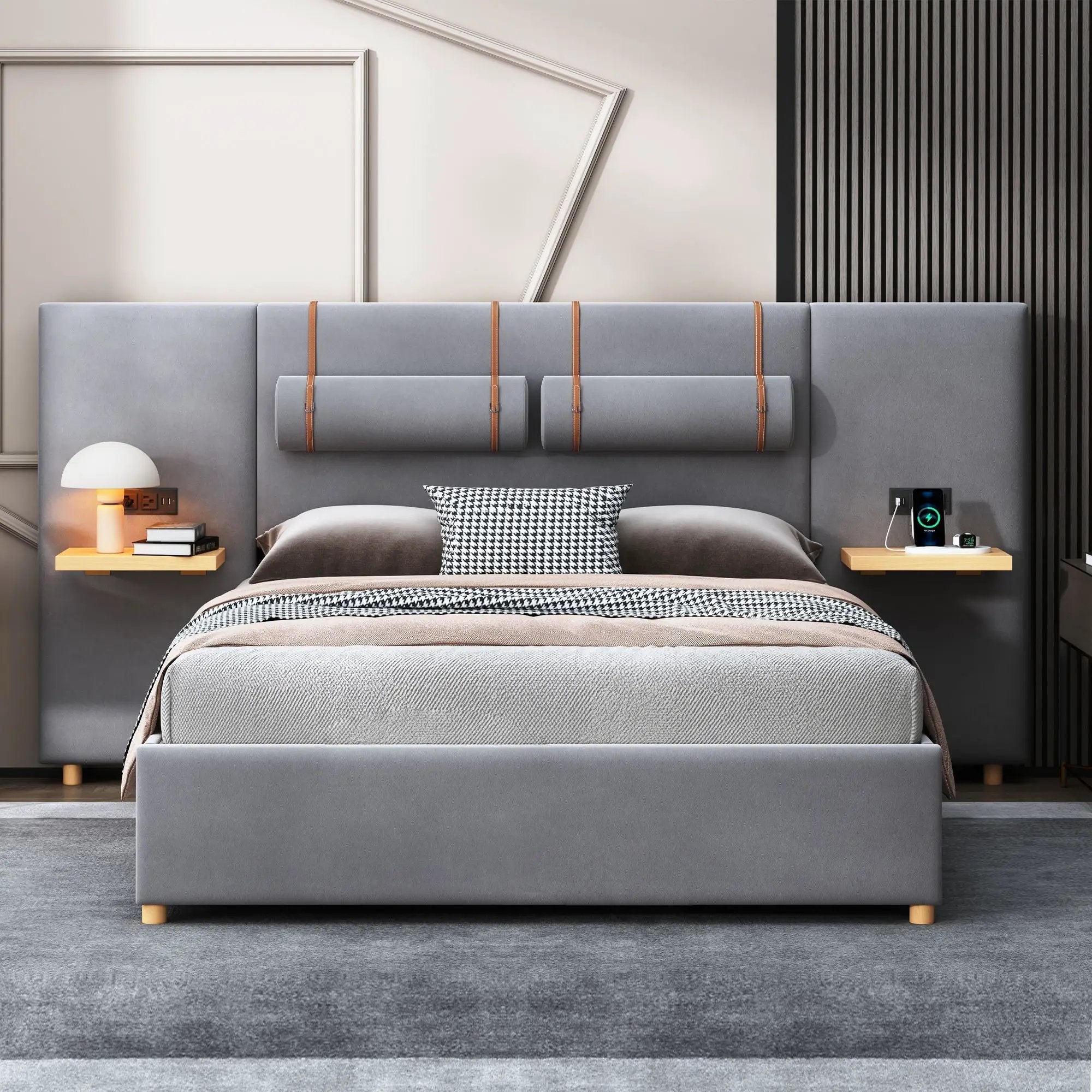 Upholstered Platform Bed, 2 Outlets And USB Charging Ports On Both Sides, 2 Bedside Pillows, Storage Shelves by HouseOfZazla