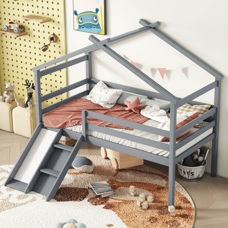 Low Loft House Bed With Slide, Ladder, Safety Guardrails, House Roof Frame by Unique Piece Furniture