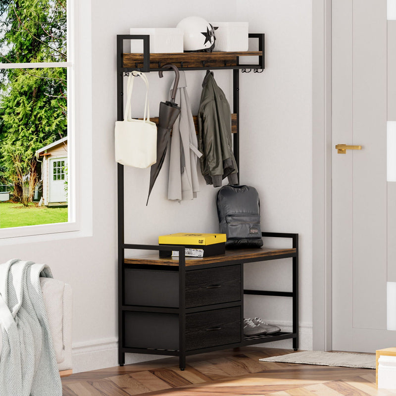 Hall Tree With 2 Movable Drawers, Shoe Storage, Shelves, Garment Racks, And 23 Hooks For Entryway - Rustic Brown by HouseOfZazla