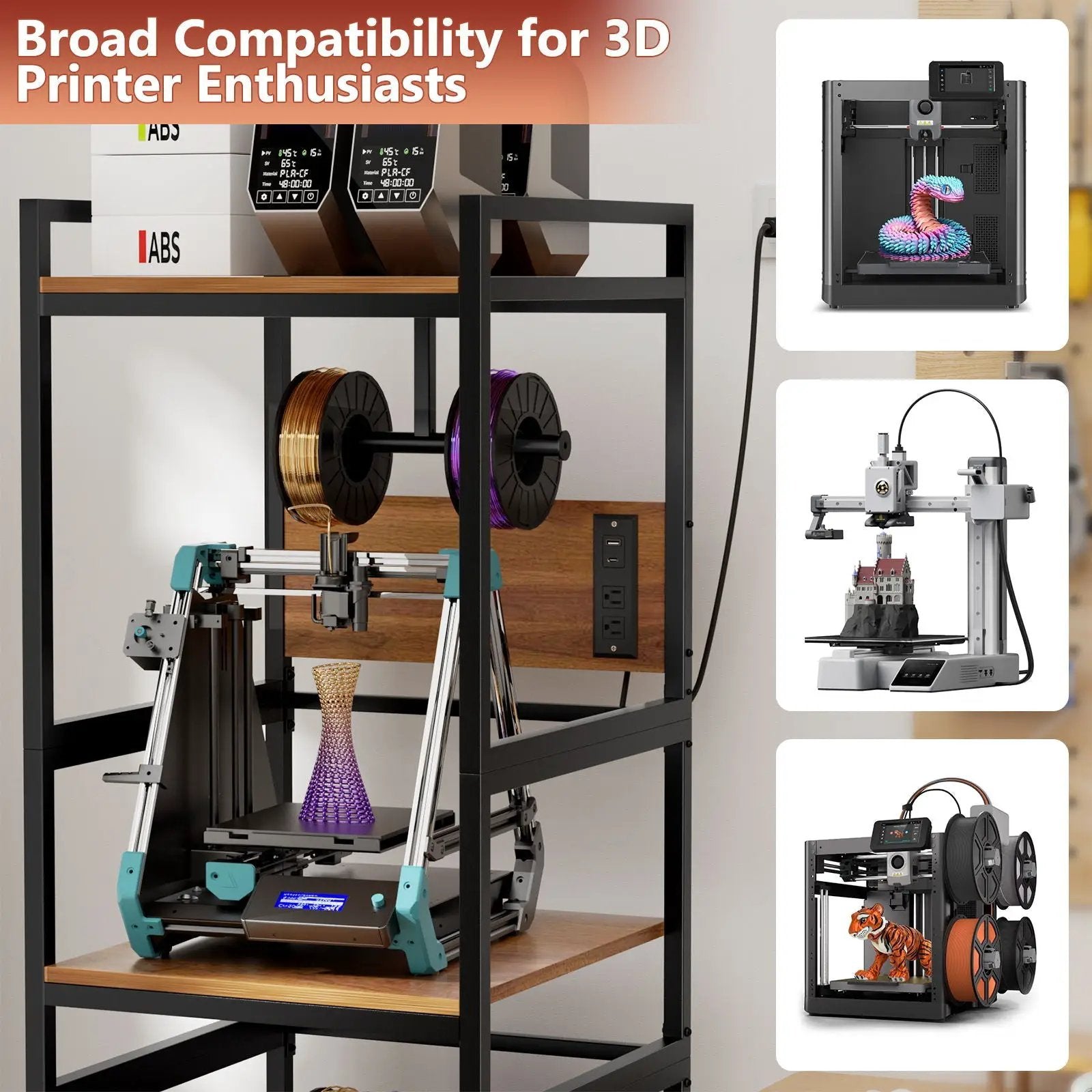 3D Printer Stand With Filament Storage, T-Type Holder, Built In Power Panelб Open Frame Printer Workstation - Black by Unique Piece Furniture