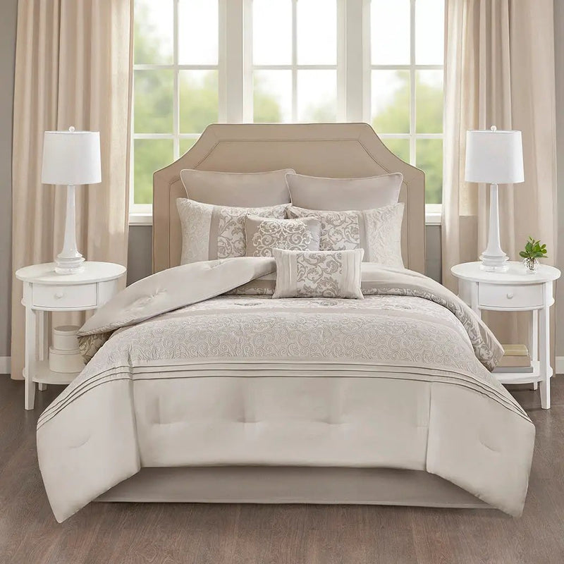 Embroidered 8 Piece Comforter Set Neutral Queen by HouseOfZazla