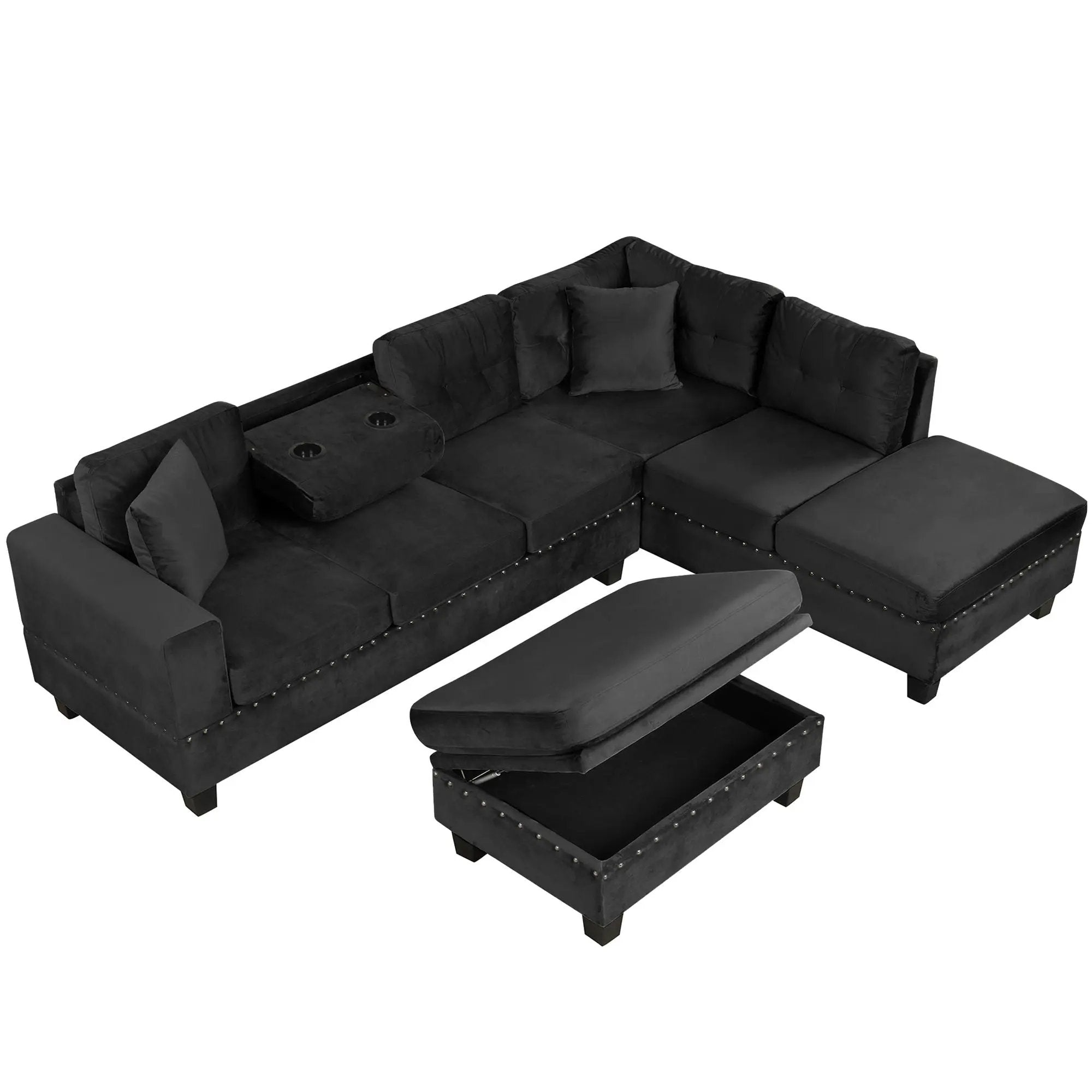 Modern Sectional Sofa With Storage Ottoman, L - Shape Couch With 2 Pillows And Cup Holders by HouseOfZazla