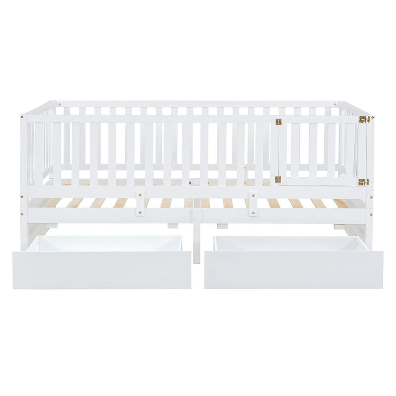 Daybed With Fence Guardrails And 2 Drawers, Split Into Independent Floor Bed & Daybed by HouseOfZazla