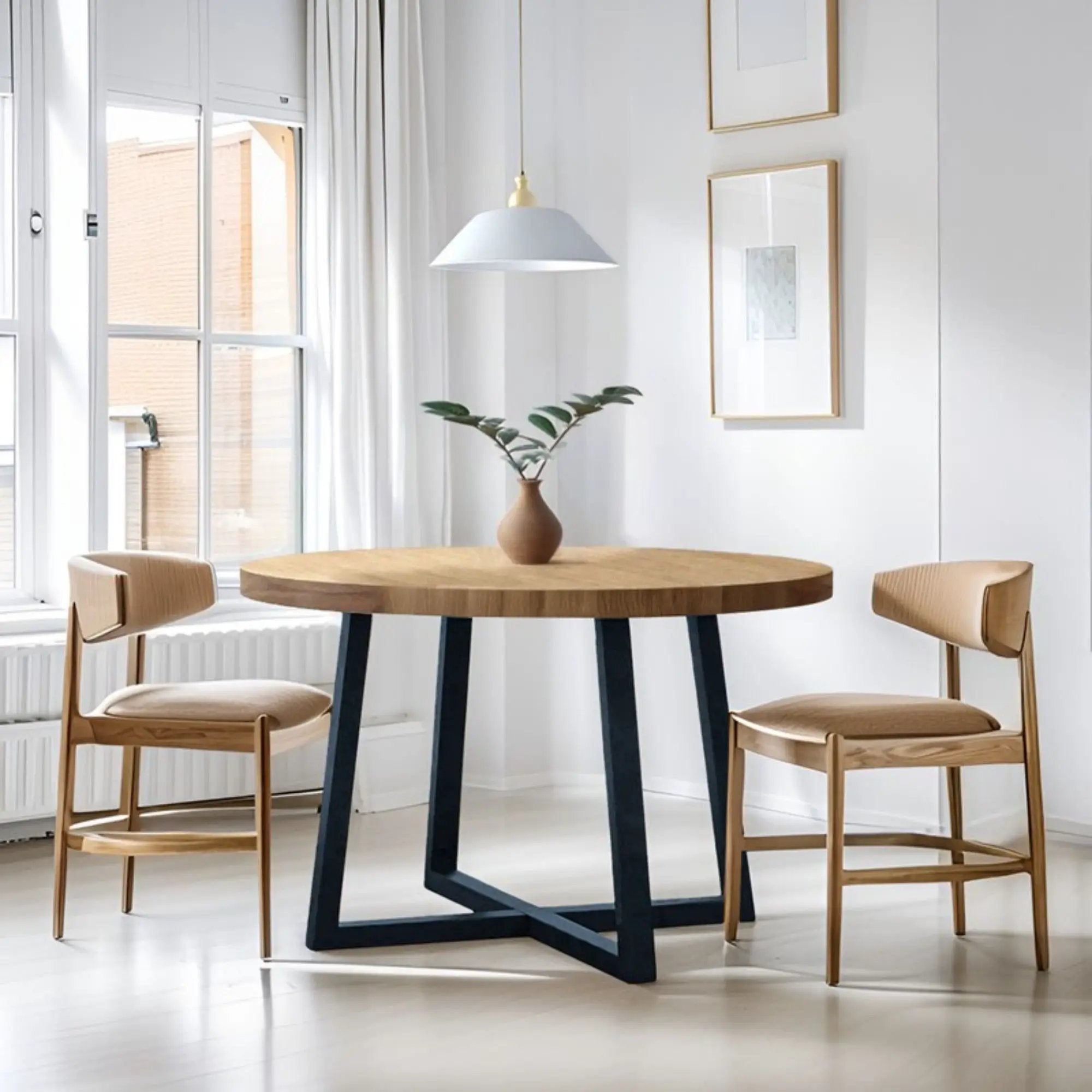 Round Dining Table With Wire Brushed Mindi Top And Mahogany Base - Wheat by HouseOfZazla