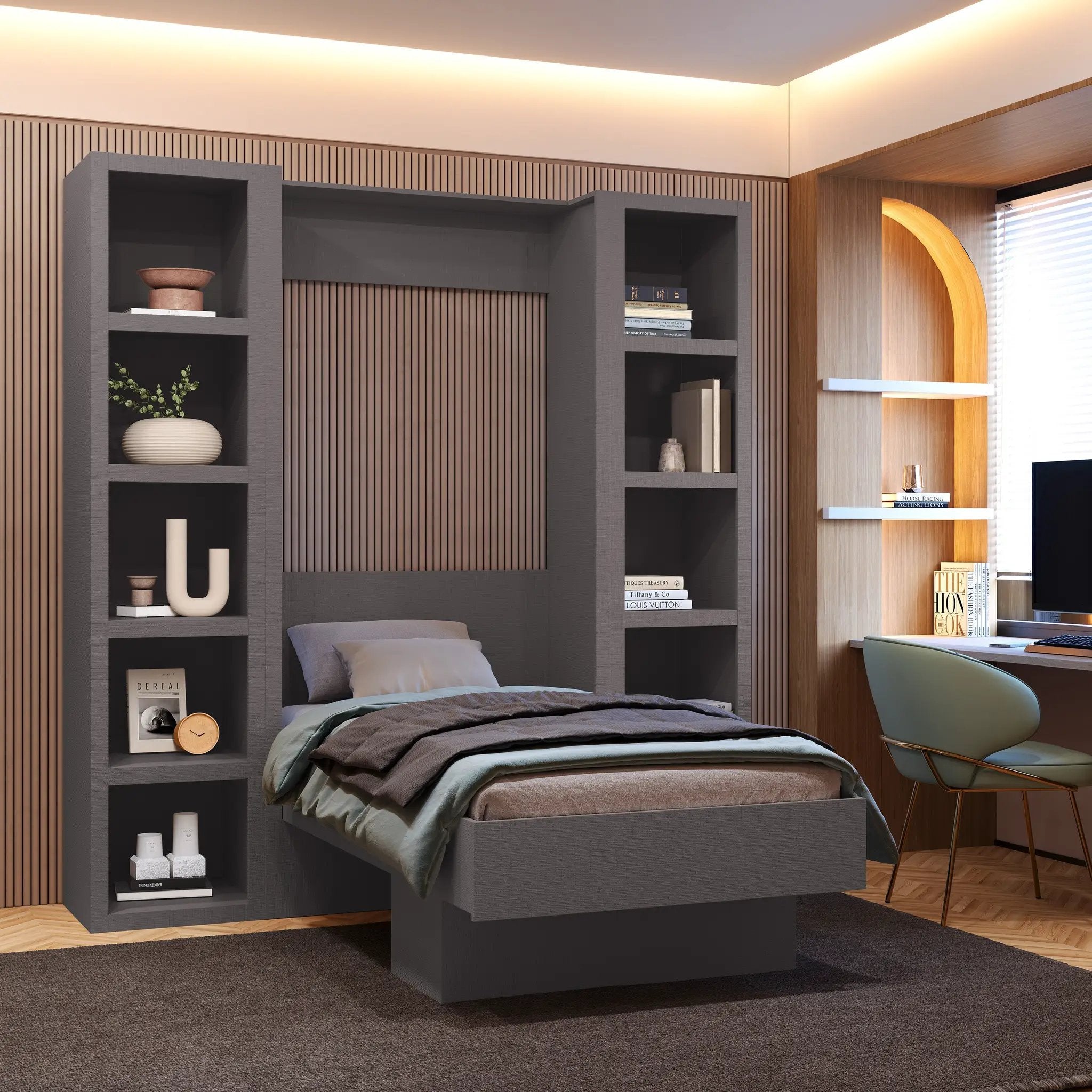 Easy-Lift Twin Murphy Wall Bed in Dark Grey with Two Bookshelves by Sharicks