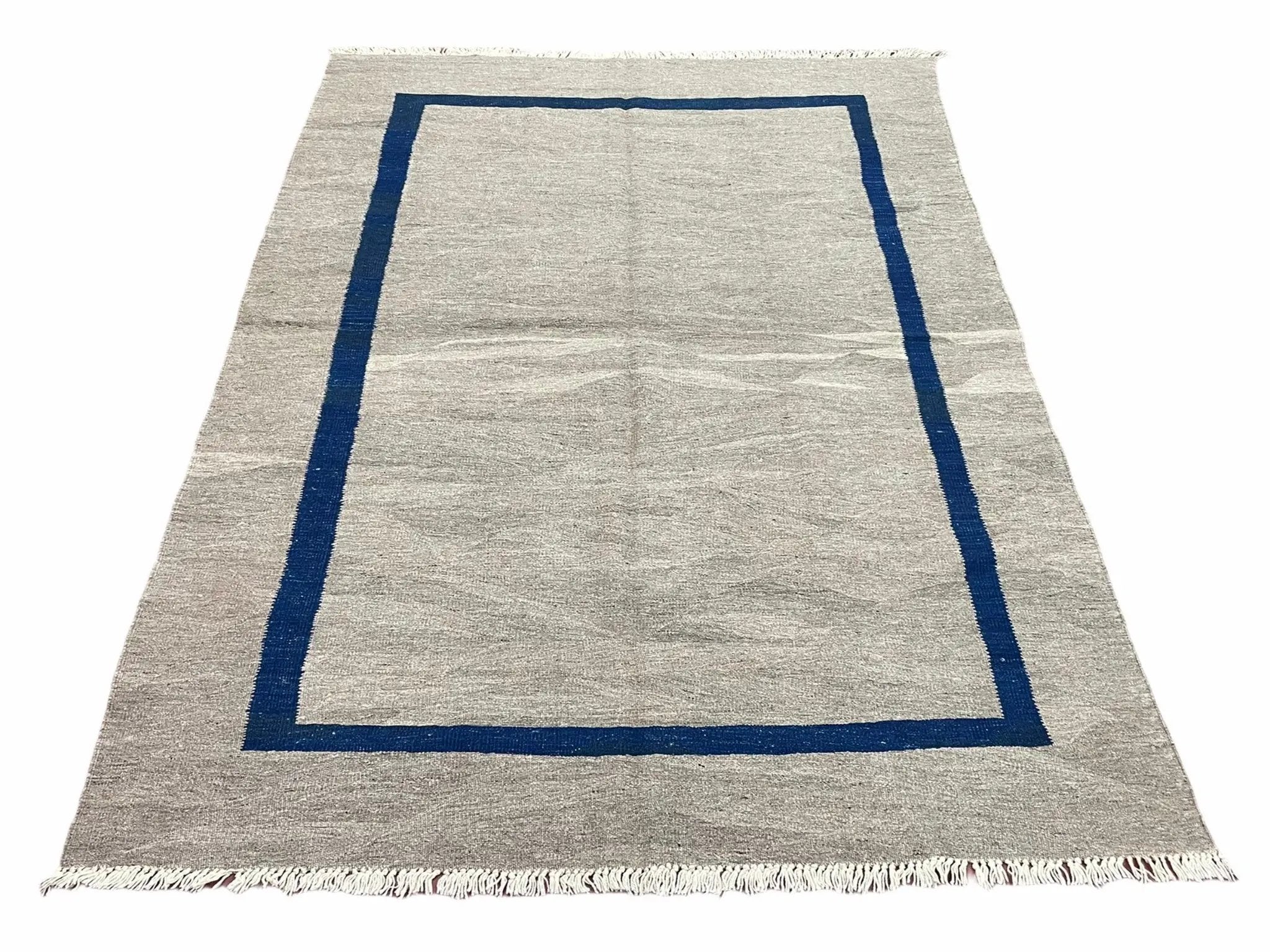 Geometric Turkish Kilim Rug 5' 7" x 7' 9", Flatweave Carpet, Minimal Design, Anatolian Carpet, Gray, Geometric, Dark Blue, Hand-Knotted, New by Jewel Rugs