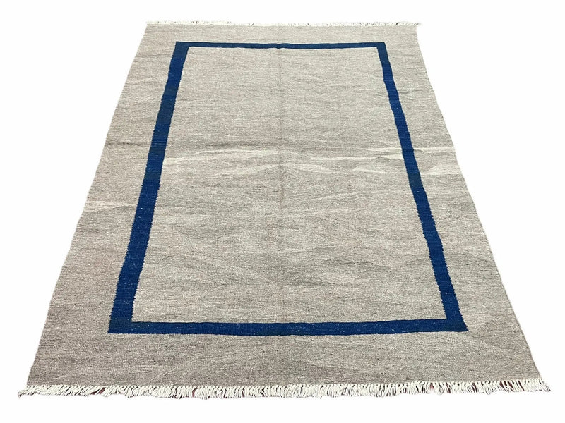 Geometric Turkish Kilim Rug 5' 7" x 7' 9", Flatweave Carpet, Minimal Design, Anatolian Carpet, Gray, Geometric, Dark Blue, Hand-Knotted, New by Jewel Rugs