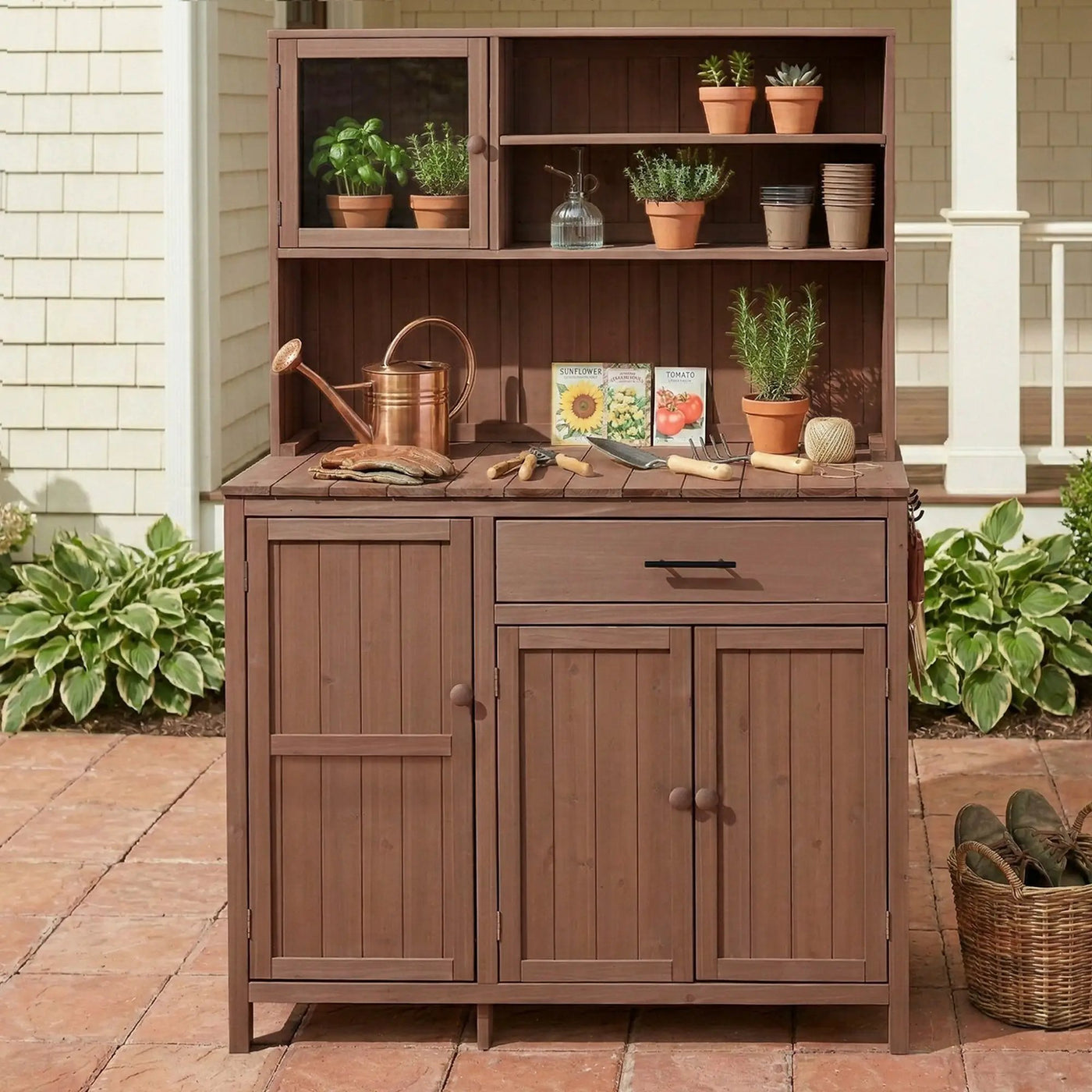 TOPAMX Potting Bench with Hutch, Solid Fir Wood Garden Workstation by HouseOfZazla
