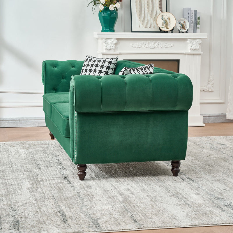 Chesterfield Fabric Sofa With Roll Armrest And Nailhead, Mid Century 2 Seater Couch by HouseOfZazla