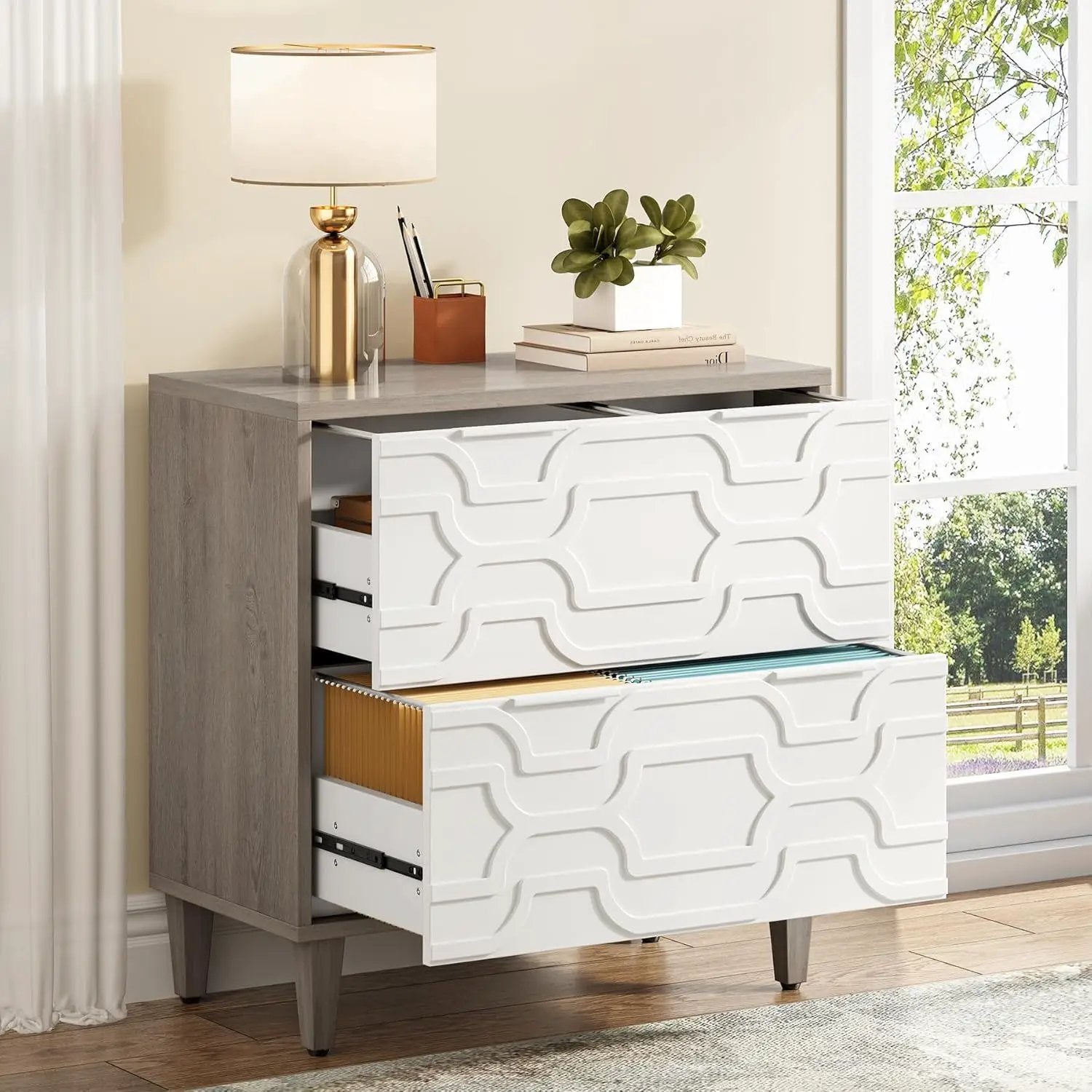 2 Drawer Lateral File Cabinet, Fits A4 / Letter / Legal - Gray / White by HouseOfZazla