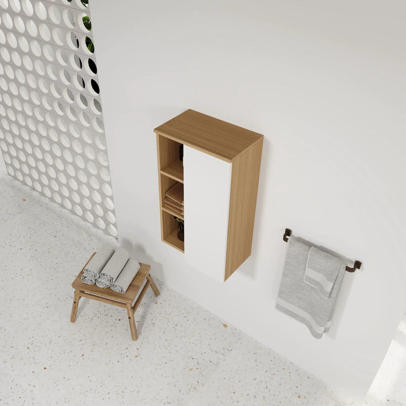 Wall Mounted Bathroom Side Cabinet, Single Door With 3 Tier Open Shelves - Black / Light Oak / White by Unique Piece Furniture
