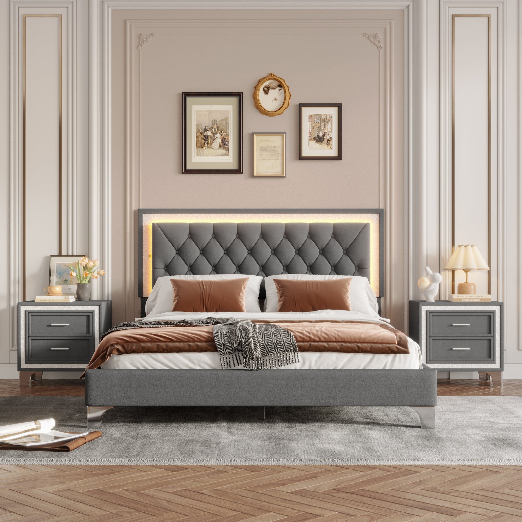3-Pieces Bedroom Set, Queen Size Upholstered Platform Bed with LED Lights and Two Nightstands - Gray by HouseOfZazla