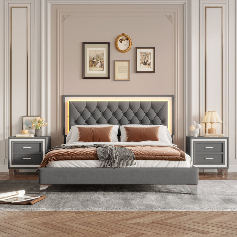 3-Pieces Bedroom Set, Queen Size Upholstered Platform Bed with LED Lights and Two Nightstands - Gray by HouseOfZazla