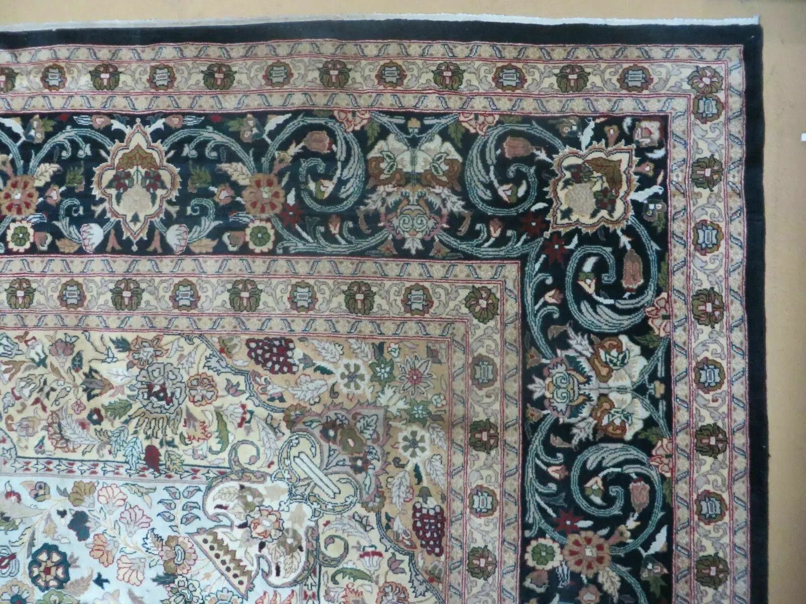Beautiful Sino Persian Rug 9x12, Elegant High Quality Handmade Wool Oriental Carpet, Medallion with Corner Design, Floral, Black and Ivory by Jewel Rugs
