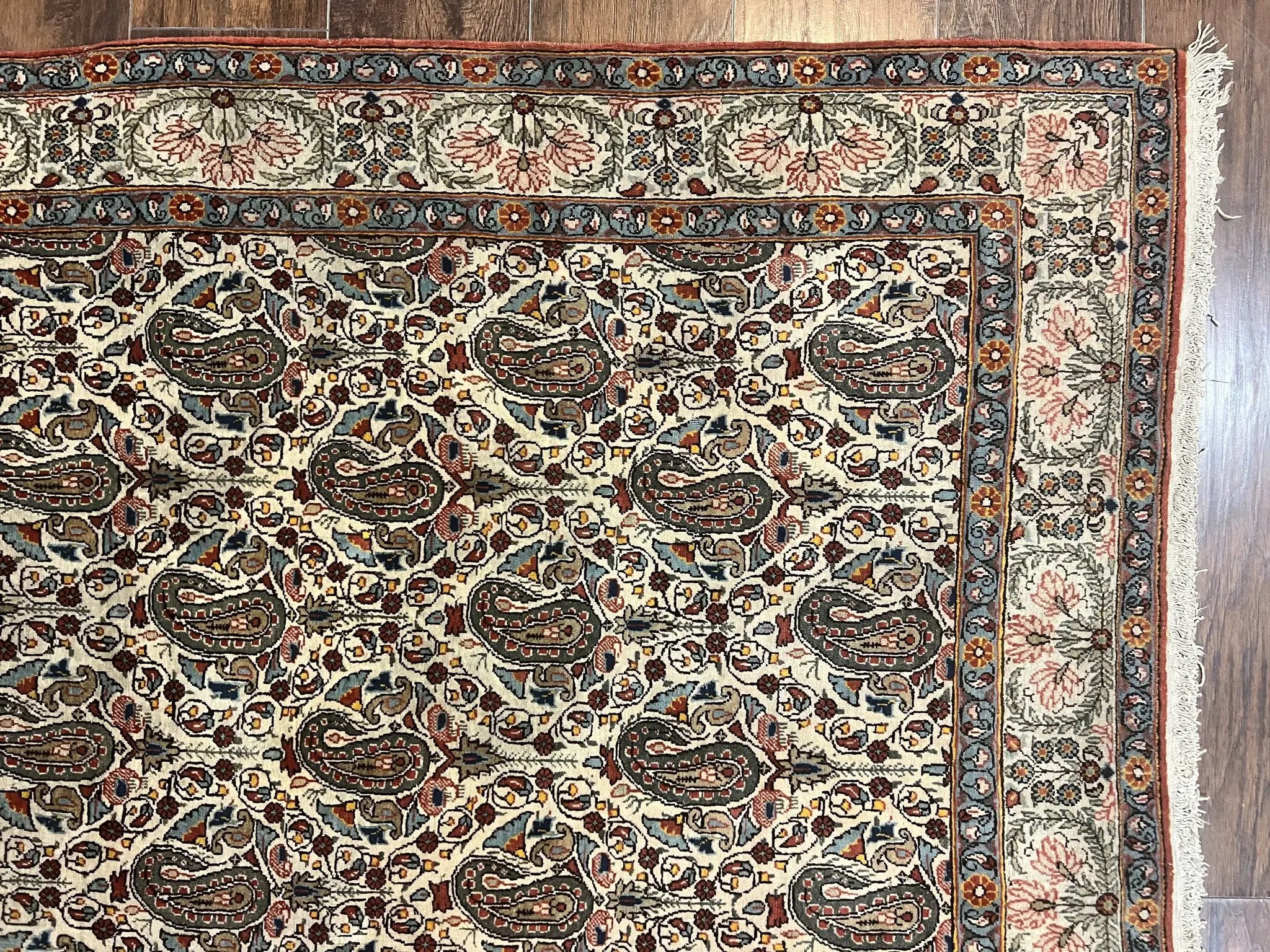 Persian Qum Rug 5x6, Cream Wool Hand Knotted Carpet, Repeated Boteh Paisely Design, Semi Antique Vintage Rug, Very Fine Weave 5 x 6 Rug by Jewel Rugs