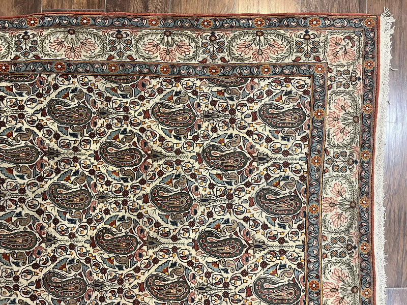 Persian Qum Rug 5x6, Cream Wool Hand Knotted Carpet, Repeated Boteh Paisely Design, Semi Antique Vintage Rug, Very Fine Weave 5 x 6 Rug by Jewel Rugs