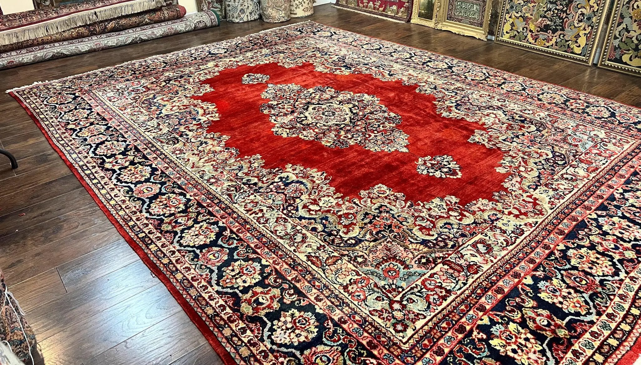 Persian Sarouk Rug 11x14, Semi Open Field, Large Antique Persian Wool Handmade Carpet, Red and Dark Blue, Floral by Jewel Rugs