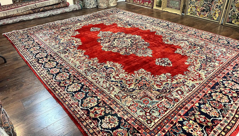 Persian Sarouk Rug 11x14, Semi Open Field, Large Antique Persian Wool Handmade Carpet, Red and Dark Blue, Floral by Jewel Rugs