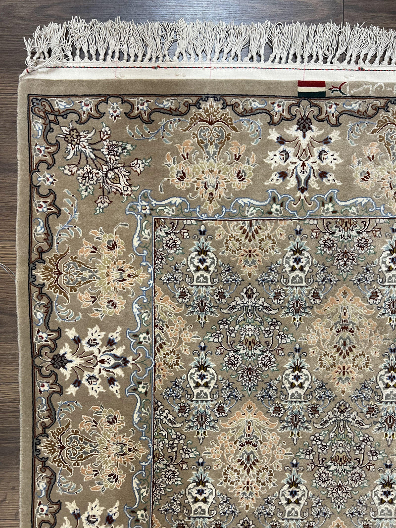 Super Fine Persian Isfahan Rug 3x5 ft, Kork Wool on Silk Foundation, Repeated Floral Motif, Taupe Tan Hand Knotted Oriental Carpet 3 x 5 ft, Signed by Jewel Rugs
