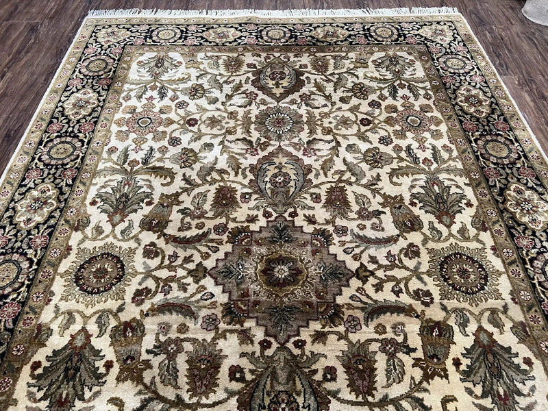 Indo Mahal Rug 6x9, Indian Floral Carpet 6 x 9, Beige and Black, Allover Design, Living Room Rug, Bedroom Rug, Traditional Rug, Vintage Rug by Jewel Rugs